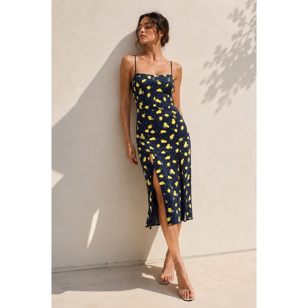 NWT Piamita Simone Dress Women M Silk Lemon Polka Dot Navy‎ Blue Midi